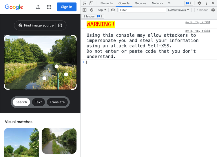 A screenshot of a reverse image lookup, with the developer tools open on the right-hand side. I've selected the console tab, with a message in large text: 'WARNING! Using this console may allow attackers to impersomate you and steal your information using an attack called Self-XSS. Do not enter or paste code that you don't understand'. The word 'WARNING!' is in red text on a yellow background for extra emphasis.