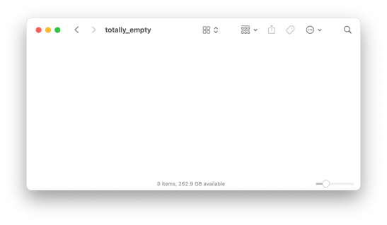 A Finder window for a folder 'totally_empty' which doesn’t show any files, and the status bar says '0 items, 262.9 GB available'.