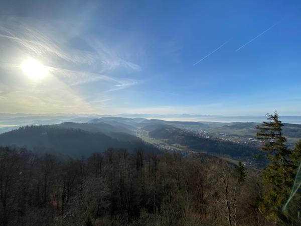 A panoramic view from a mountaintop, overlooking a rolling landscape of mountains and valleys. There are some trees in the foreground, and in the background are misty mountains that fade as far as the eye can see. The sun is in the top left-hand corner, casting a warm glow over the landscape.